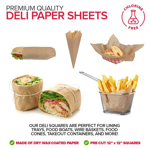 Grease Proof Deli Wrappers 12 X 12 Inch, 500 Pack, Go To Pre Cut Natural Kraft Wax Paper Sheets used with sandwiches and fries.