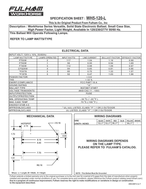 Specification sheet for Workhorse 5 Adaptable Electronic Fluorescent Lamp Ballast with dimensions and wiring diagrams.