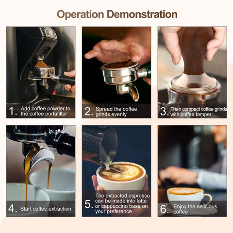 Steps for making espresso using 53mm Espresso Tamper With Walnut Handle, from tamping to enjoying espresso with crema.