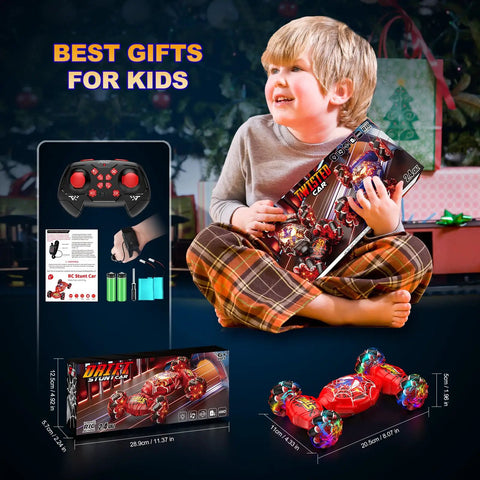 Child holding gift box of 4WD Gesture Sensing RC Stunt Car with 2.4GHz Remote, packaging details displayed alongside
