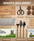 Indoor Cat Grass Kit With Four Seed Packets, Wooden Planter, Coconut Coir Soil Discs, And Mini Tools For Nipping And Nibbling, Wheatgrass Cat Grass For Hairball Control And Digestive Support components displayed.