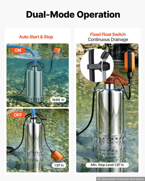 Hardcore Submersible Sump Pump With Smart Auto Float Switch One Horsepower Motor Blasts 4400 Gallons Per Hour To Kick Stubborn Basement Water Clean Out The Drain Today IPX8 Waterproof Crawl Space Powerhouse showing dual-mode operation.