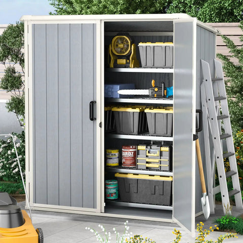 5x3 Foot Resin Outdoor Storage Shed With Floor And Lockable Door showing interior with gardening tools and storage boxes