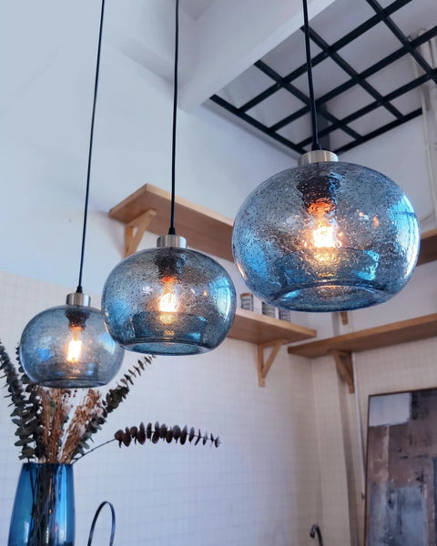 Pendant lights in a kitchen, focus on hand blown marble blue glass pendant light for kitchen island over dining table dope modern farmhouse globe eight point seven inch ceiling fixture in brushed nickel finish with easy install and balanced hanging.