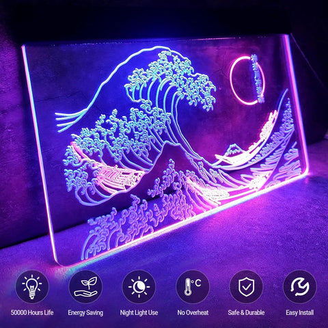 Great Wave Off Kanagawa LED Neon Sign Blue Pink Wall Art Dope Ukiyoe Inspired Neon Light For Living Room Bedroom 12x16 Inches