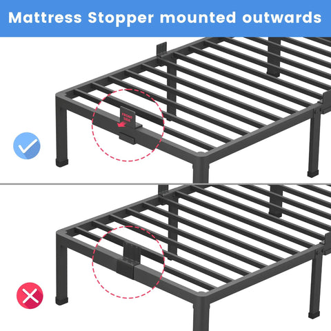 Built Tough Full Size Metal Platform Bed Frame Holding Fast To Three Thousand Pounds With Zero Whining From The Joints And Fourteen Inch Clearance For Dropping In All Your Off Season Gear, showing correct and incorrect mattress stopper placement.