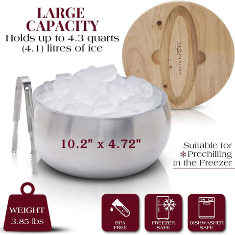 Large Double Wall Stainless Steel Ice Bucket With Lid And Tongs BPA Free, holding ice, measures 10.2" x 4.72".