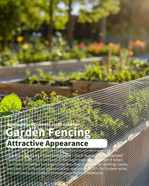 Heavy Duty Quarter Inch Hardware Cloth Welded Wire Mesh Roll 24 Foot By 50 Foot 23 Gauge Galvanized After Welding For Chicken Fencing Gopher Snakes Rats Outdoor Rust Resistant Garden Fence Mesh surrounding a vegetable garden.