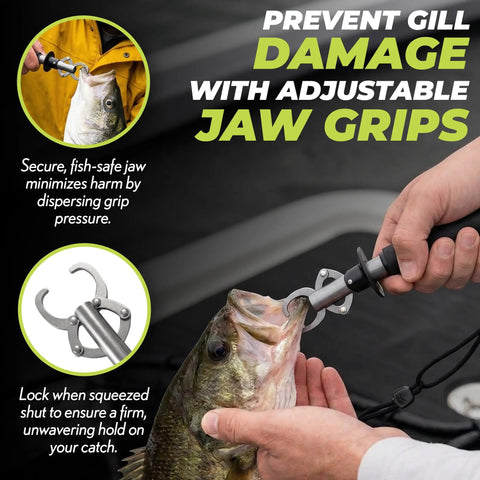 Close-up of Stainless Steel Fish Lip Grip with Ergonomic Handle in use, securing a fish for easy, safe catch.