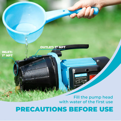 Person pouring water into 1.1HP Shallow Well Pump For Garden And Lawn Irrigation, Water Transfer And Drainage, Pressure Boost, 1200 GPH 