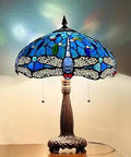 Tiffany Style Stained Glass Table Lamp 2 Light Blue Dragonfly Shade 16 Inch Wide 24 Inch Tall Desk Lamp with Bronze Base