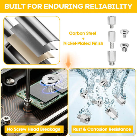 Top Shelf M.2 Ssd Mounting Screws 34 Pc Kit With M2 And M3 Standoffs, showcasing nickel-plated screws and standoffs.