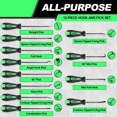 12-Piece Pick And Hook Tools Set With Long And Mini Picks, Pro Grade Heavy Duty, displayed on a gray background with green labels.