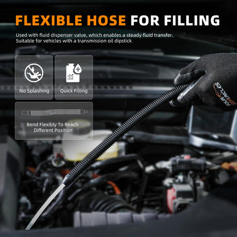 Mechanic using flexible hose from 10L Pneumatic Transmission Fluid Pump Kit With Quick Switch Extractor And Dispenser, 2.6 Gallon Tank