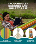 Person relaxing on 40-Inch Wide Brazilian Style Hammock With Hand-Woven Rope Loops And Hanging Hardware Indoor Outdoor Cotton-Poly Blend 250 Lbs Capacity Guacamole Color Portable With Drawstring Carry Bag For Backyard Chill.