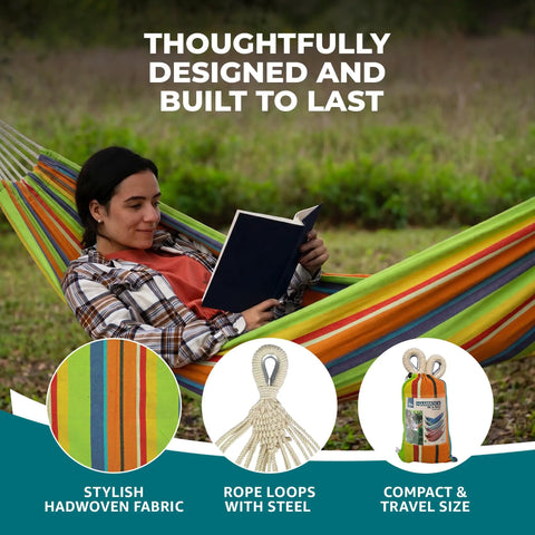 Person relaxing on 40-Inch Wide Brazilian Style Hammock With Hand-Woven Rope Loops And Hanging Hardware Indoor Outdoor Cotton-Poly Blend 250 Lbs Capacity Guacamole Color Portable With Drawstring Carry Bag For Backyard Chill.