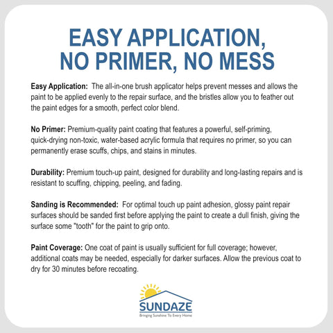 Product instructions for easy application of touch-up paint, emphasizing no primer needed and durable finish, by Sundaze.