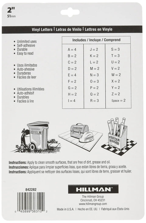 Back packaging of Two Inch Peel Off Vinyl Letters Pack Black And White Self Adhesive Alphabet For Signs And Labels includes details