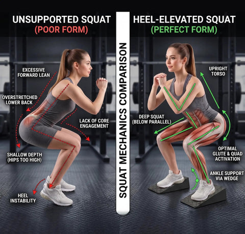 Squat mechanics comparison showing poor form and perfect form using 2 Pack Premium Heel Elevated Squat Wedges With Non Slip Grip.