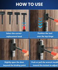 Instructions for using 4 In 1 Door Hinge Adjustment Tool For Residential And Commercial Use, Heavy Duty Gap Adjusting Wrench With Threaded Design And Rubber Handle, Fits Most Door Hinges From 0.55 To 0.98 Inches, Durable Alloy Steel.