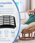 Pro Grade Shark Navigator Lift Away Vacuum Filter Replacement Kit with HEPA filter displayed near relaxed man in chair