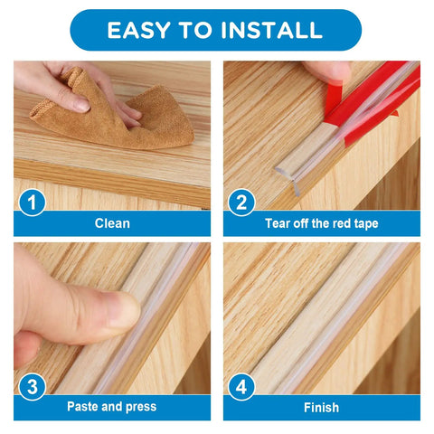 Installation steps for Kid Safe Edge Protectors For Cabinets Tables And Drawers, Thickened Silicone Cushions, Clear 0.6 Inch Strips.