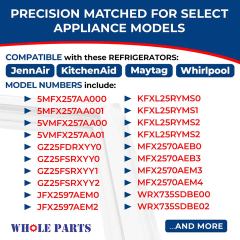 Compatibility chart for Premium Replacement French Door Gasket Seal For Refrigerator W10830274 with JennAir, KitchenAid, Maytag, Whirlpool models