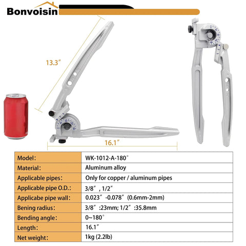 2 In 1 Manual Tubing Bender For Copper And Aluminum OD 3/8 And 1/2 Inch 180 Degree Bends with size comparison to soda can.