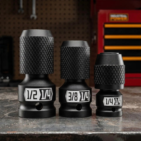 Convert Your Impact Wrench Into An Impact Driver With A Quick Release Adapter Set 1/2, 3/8, 1/4 sq to 1/4 hex steel adapters