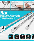 Professional Grade Heavy Duty Ratchet Set 3 Piece Extra Long 90 Tooth Chrome Vanadium Steel ratchets angled for visibility.