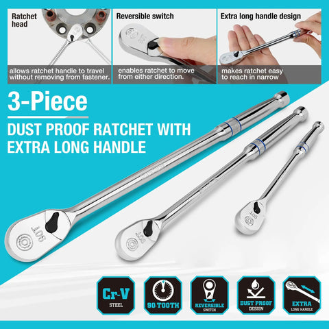 Professional Grade Heavy Duty Ratchet Set 3 Piece Extra Long 90 Tooth Chrome Vanadium Steel ratchets angled for visibility.