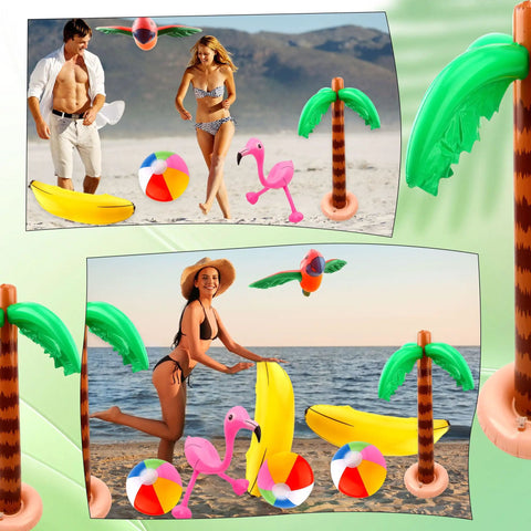 Tropical Inflatable Party Decor Set Twelve Pack Palm Tree Flamingo Beach Ball Parrot Banana For Beach Pool Backyard Parties And Summer Fun