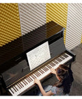 Heavy Duty Self Adhesive Soundproof Foam Rolls Seven Centimeters Thick Acoustic Wall Panels For Home Studio And Office installed behind a piano.