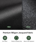 Close-up of large gaming mouse pad fabric comparison, showing premium 180gsm jacquard fabric next to standard fabric.