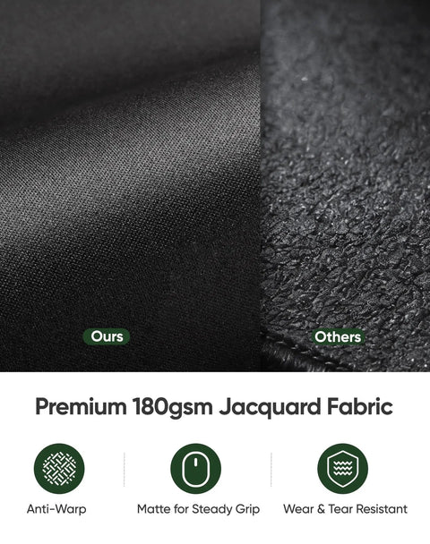 Close-up of large gaming mouse pad fabric comparison, showing premium 180gsm jacquard fabric next to standard fabric.