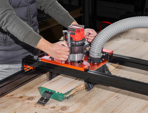Ultimate Slab Flattening Router Sled with 3-Axis Gantry Jig and 3.5 Inch Router Lift in use for smoothing wooden slab