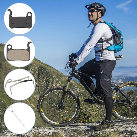Cyclist on mountain bike with insets of 6 Pairs Bike Brake Pads For Disc Brakes, All Weather Stopping Power, compatible with Deore XT XTR LX SLX.