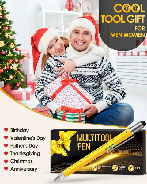 Couple holding gift box beside Christmas tree with Six In One Multitool Pen Gift For Him Stocking Stuffers For Men in foreground.