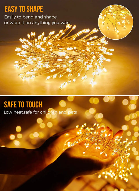 Battery Operated Fairy Lights 10Ft 120 LED Firecracker String Lights With 6 Hour Timer Waterproof Silver Wire shown in hand, glowing.