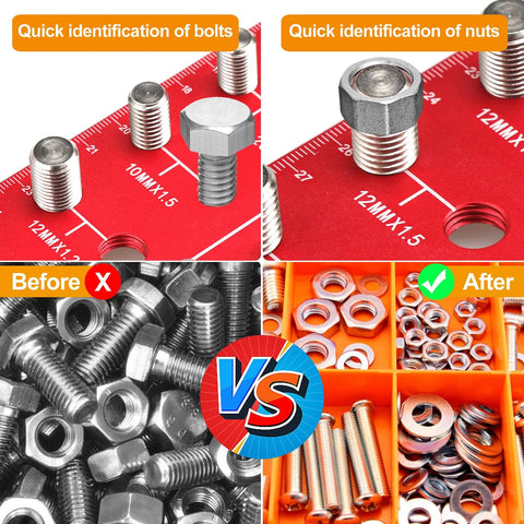 Bolt and nut thread gauge set with standard and metric sizes; metal bolts, nuts on a red measuring board