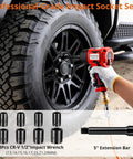 Heavy Half Inch Air Impact Wrench Pumping Out One Six Zero Zero Foot Pounds Of Torque Inside A Featherlight Four Point Four Pound Body With An Eight Piece Socket Set For Zero Fatigue Work And Quick Fixes Utilizing Its Soft Rubber Grip To Slash Shake And used on a black wheel.