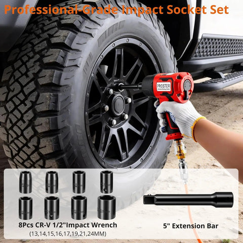 Heavy Half Inch Air Impact Wrench Pumping Out One Six Zero Zero Foot Pounds Of Torque Inside A Featherlight Four Point Four Pound Body With An Eight Piece Socket Set For Zero Fatigue Work And Quick Fixes Utilizing Its Soft Rubber Grip To Slash Shake And used on a black wheel.