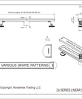 Technical drawing of linear shower drain with various grate patterns and dimensions, showing leveling feet and threaded adapter
