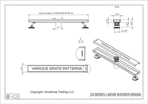 Technical drawing of linear shower drain with various grate patterns and dimensions, showing leveling feet and threaded adapter