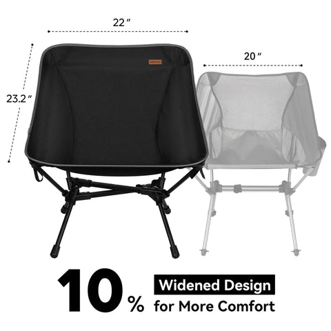 Ultralight Camping Chair For Backpacking And Travel, Portable Folding Seat, 23x20 inches, 10% wider for more comfort, Black