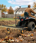 Man using 60 Inch Tow Behind Dethatcher For Lawn And ATV, Heavy Duty Lawn Rake With 24 Spring Steel Tines, Lift Handle outdoors