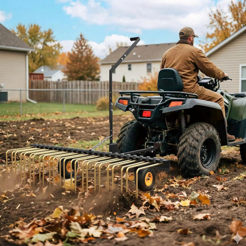 Man using 60 Inch Tow Behind Dethatcher For Lawn And ATV, Heavy Duty Lawn Rake With 24 Spring Steel Tines, Lift Handle outdoors