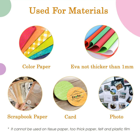 Materials used with Five Size Circle Paper Punch Set for scrapbooking and card making, featuring color paper, EVA, scrapbook paper, card, and photo.