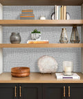 Gray Grasscloth Peel And Stick Wallpaper Self Adhesive Vinyl for cabinets and walls in bookshelf setting, 17.7x393.7 inch