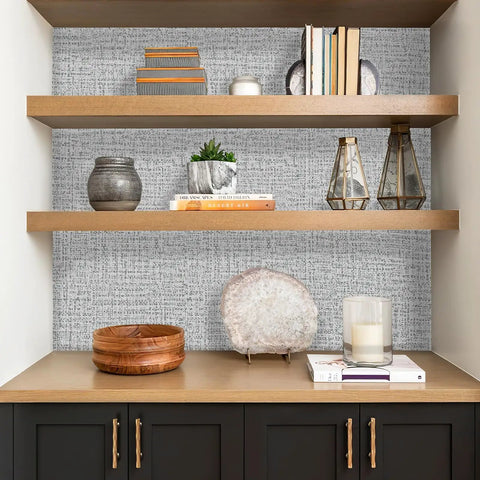 Gray Grasscloth Peel And Stick Wallpaper Self Adhesive Vinyl for cabinets and walls in bookshelf setting, 17.7x393.7 inch